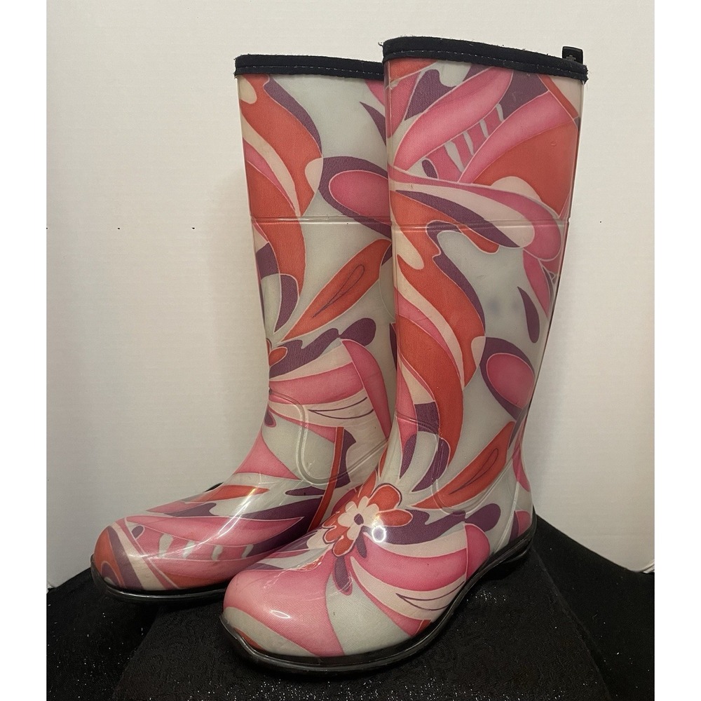 Kamik Rain Boots Women Sz 7 Pink White Purple Retro Floral Waterproof Mud Shoes